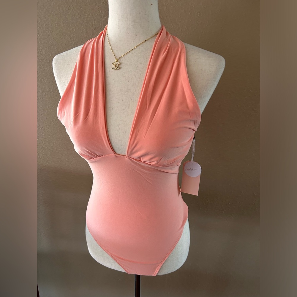 Halter silky polyester v neckline halter bodysuit